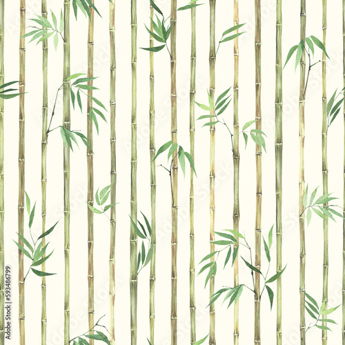 Floral seamless pattern of plants bamboo, vertical watercolor illustration on ivory background for textile, wallpapers or tender asian background. © Nikole
