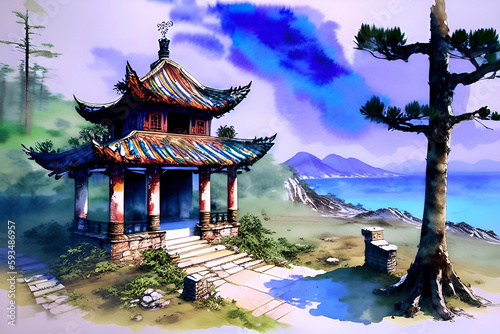 Chinese temple in the mountains. Watercolor painting. Vector illustration.