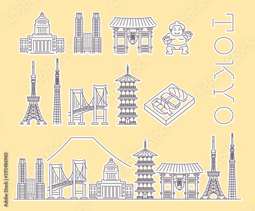 東京の有名な観光地のシンプルなアイコンセット