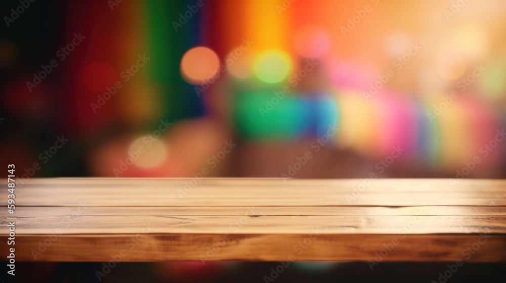 Blank wooden table in front of abstract blurred bright cinco de mayo background. Generative AI. Blank wooden table in front of abstract blurred bright cinco de mayo background. Generative AI.