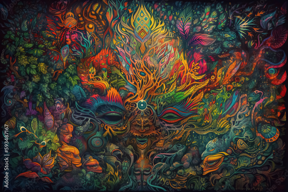 Ayahuasca experience, spiritual psychedelic hallucinations surreal illustration. Generative AI.