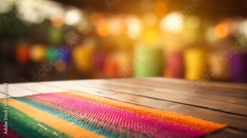 Blank wooden table in front of abstract blurred bright cinco de mayo background. Generative AI.