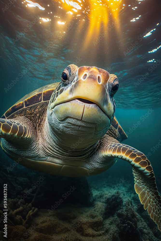 Fototapeta premium Close up of a sea turtle underwater. Endangered wildlife and ocean ecosystem concept. Generative AI