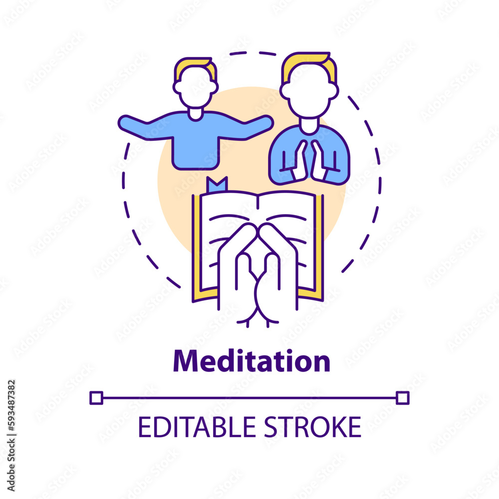 Meditation concept icon. Focusing on spiritual thoughts. Religious practice abstract idea thin line illustration. Isolated outline drawing. Editable stroke. Arial, Myriad Pro-Bold fonts used Meditation concept icon. Focusing on spiritual thoughts. Religious practice abstract idea thin line illustration. Isolated outline drawing. Editable stroke. Arial, Myriad Pro-Bold fonts used