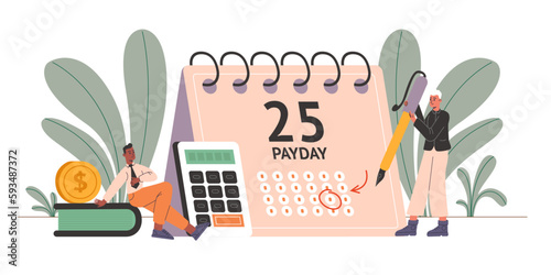 Payday. Guy circles payroll date on calendar. Employees waiting for salary payment. Loan and rent paying. Office workers. Money coin and calculator. Finance increase. Vector concept