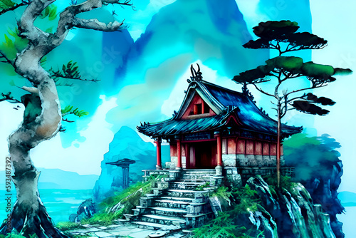 Chinese temple in the mountains. Watercolor painting. Vector illustration.