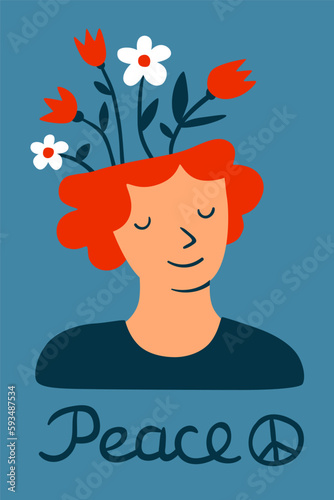 Peace card. Female portrait. Woman with flowers in head. Pacific hippie symbol. Smiling face. Peaceful girl. Blooming blossoms. Positive mind. Peacefulness poster. Vector illustration