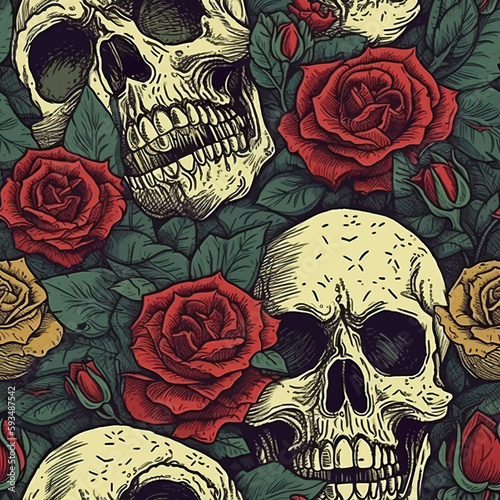 Watercolor Colorful tattoos vintage seamless pattern with blooming roses sugar skulls and elegant green stem of barbed wire texture vector illustration.