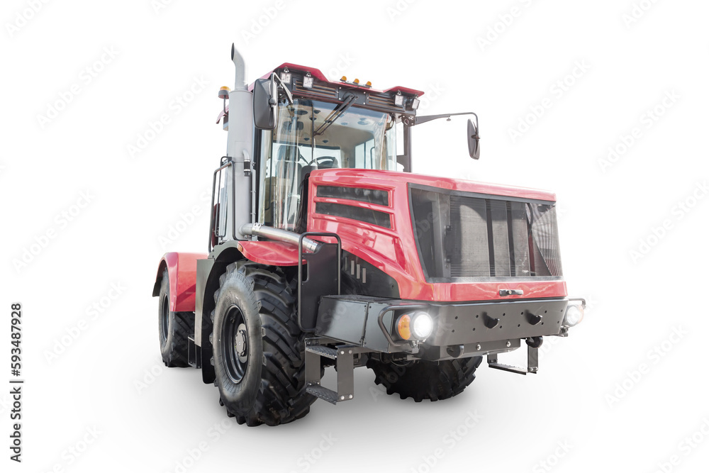Red heavy wheeled tractor isolated on white background