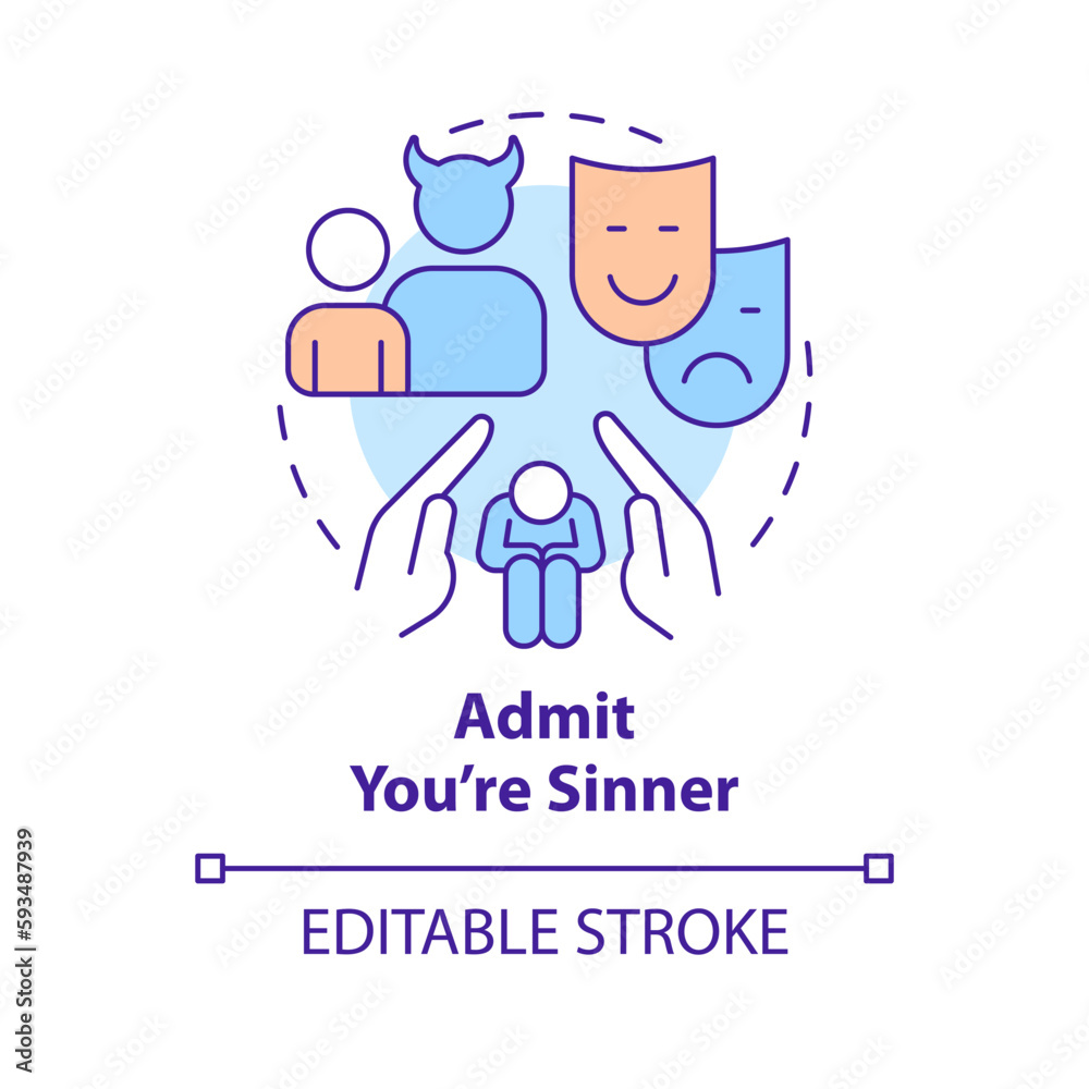 Admit you are sinner concept icon. Save your soul. Becoming Christian reason abstract idea thin line illustration. Isolated outline drawing. Editable stroke. Arial, Myriad Pro-Bold fonts used