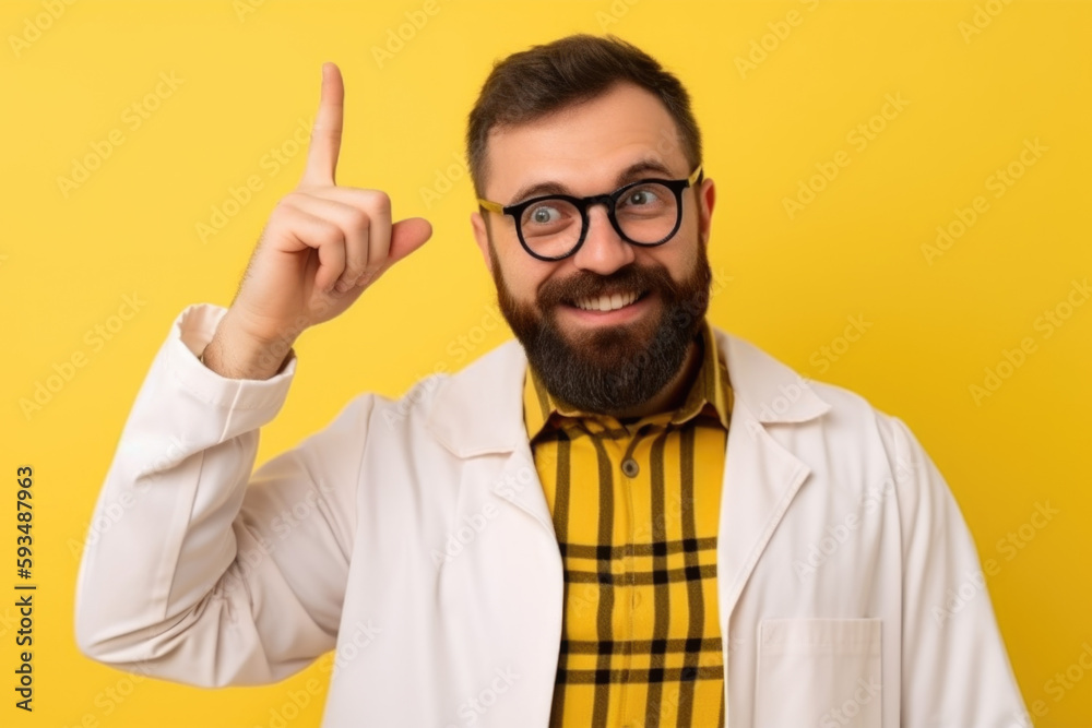 Clear Vision Care. Friendly optometrist gesturing with hand on a blue and yellow background. Copy space. Health concept AI Generative Clear Vision Care. Friendly optometrist gesturing with hand on a blue and yellow background. Copy space. Health concept AI Generative