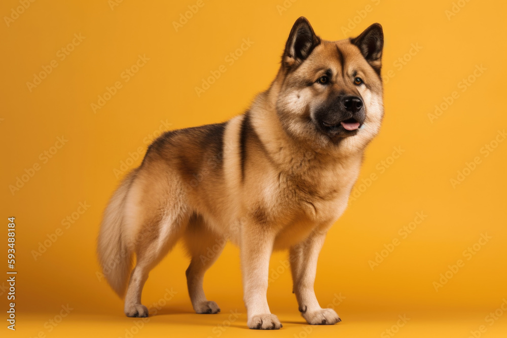 Loyal Companion. Beautiful Akita with a thick coat posing on a pastel yellow background. Copy space. Animal concept AI Generative