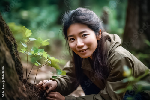 An environmentalist, this young Asian woman exudes beauty as she flashes a warm smile while working tirelessly to protect the environment. generative AI