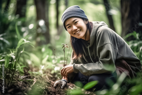 An environmentalist, this young Asian woman exudes beauty as she flashes a warm smile while working tirelessly to protect the environment. generative AI