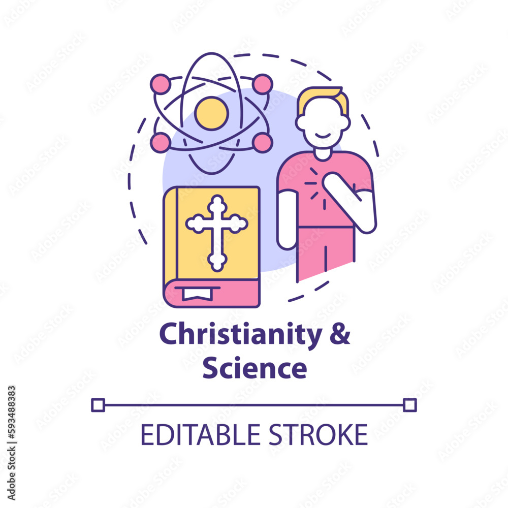 Christianity and science concept icon. Union of belief and study. Innovative religion abstract idea thin line illustration. Isolated outline drawing. Editable stroke. Arial, Myriad Pro-Bold fonts used Christianity and science concept icon. Union of belief and study. Innovative religion abstract idea thin line illustration. Isolated outline drawing. Editable stroke. Arial, Myriad Pro-Bold fonts used