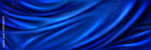 Blue drapery silk fabric luxury background. Nawy abstract satin cloth vector texture pattern. Smooth shiny drape material curtain. Elegant velvet curve motion image realistic horizontal design.