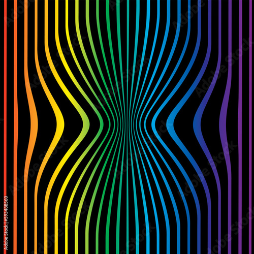 Abstract lines with a pinch effect. It looks as is something pushes the lines to the middle. Black colors with rainbow gradient.