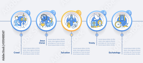 Christian beliefs circle infographic template. Statements. Data visualization with 5 steps. Editable timeline info chart. Workflow layout with line icons. Lato-Bold, Regular fonts used © bsd studio