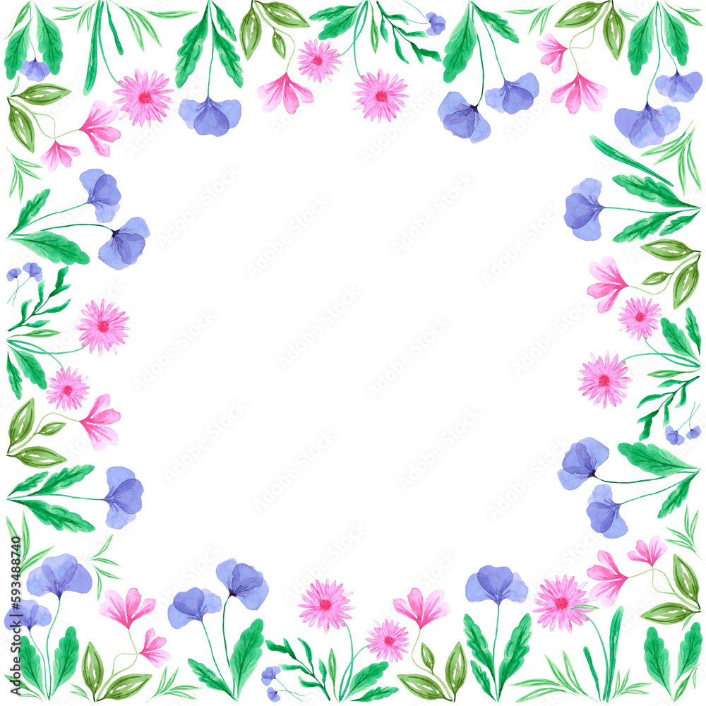 Abstract flowers boarder frame. Hand drawn watercolor daisy wreath on white background. Can be used for cards, label, banner.