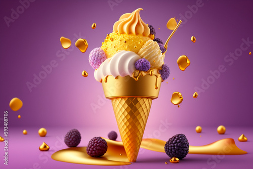 Tasty golden ice cream with shimmer, super photo realistic background. Generative ai 3d illustration photo