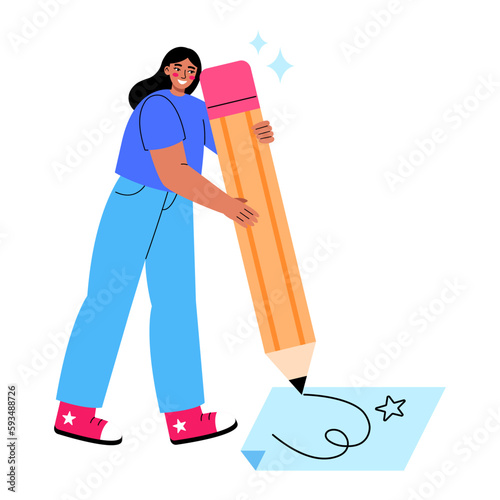 Young smiling woman holding big pencil and drawing doodles. Concept of design, creating, education. Flat vector illustration on white background.