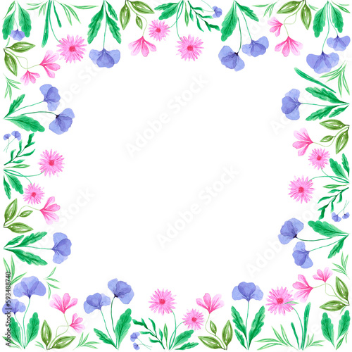 Abstract flowers boarder frame. Hand drawn watercolor daisy wreath on white background. Can be used for cards, label, banner.