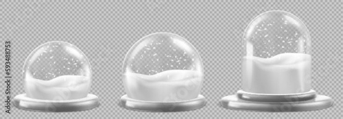 Realistic set of snowglobes isolated on transparent background. Vector illustration of glass globes with white snow inside. New Year, Christmas, winter holiday souvenir. Festive gift or decor element