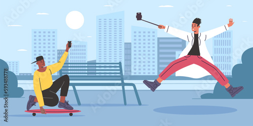 People making selfie. Guys on skateboards in city park take photos of tricks. Extreme sports hobby. Men posing or shooting photographies by smartphones. Phone snapshots. Vector concept