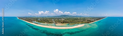 Drone panorama over Thai Natai Beach with mouth of Bo Dan River