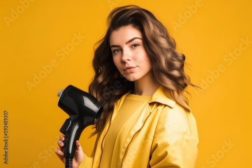 Hair Salon Professional. Professional hair stylist holding hair dryer in pastel yellow background with space for text. Beauty and fashion concept AI Generative
