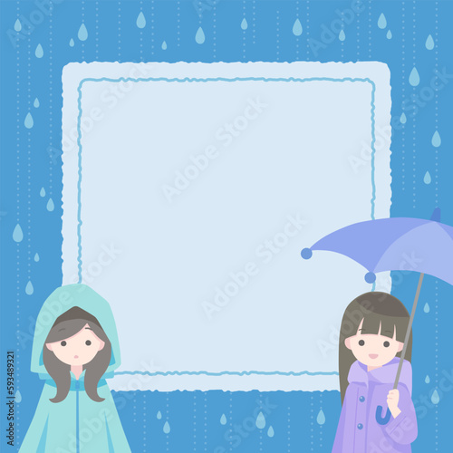雨の日と女の子の正方形フレーム