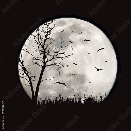 Vector silhouette of forest with moon background. Symbol of night.