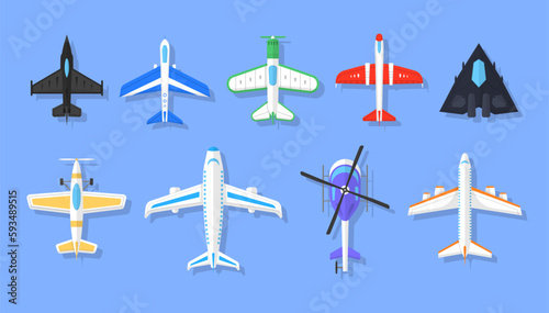 Propeller plane in different views. Small light aircraft with single engine