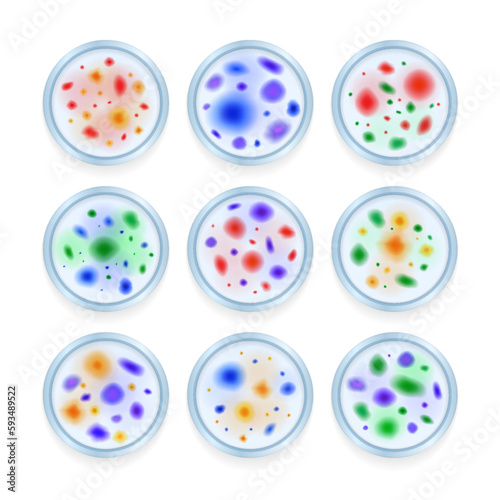 Set of Colorful Mold Fungi or Cells in Lab Petri Dish Isolated Bacteria or Penicillin under Microscope in Laboratory. 

