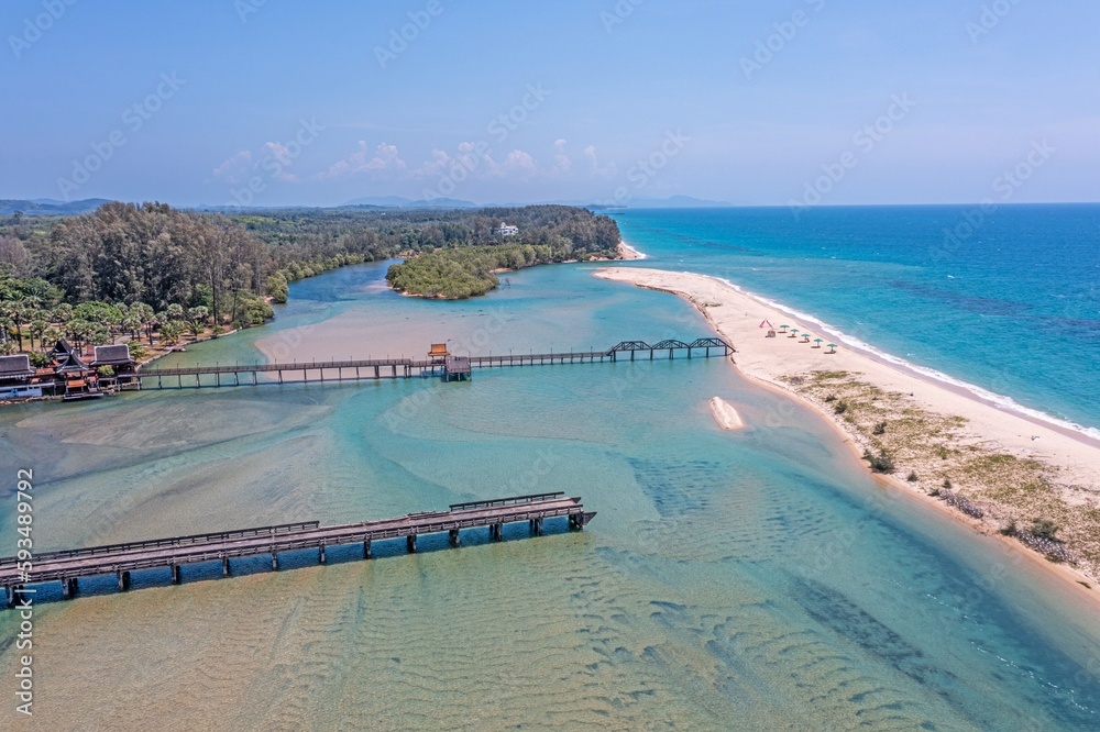 Fototapeta premium Drone panorama over Thai Natai Beach with mouth of Bo Dan River