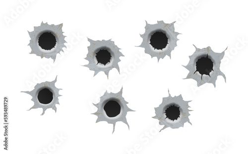 Set of bullet holes. Realisic metal single and double bullet hole, damage effect. Ragged hole in metal from bullets.