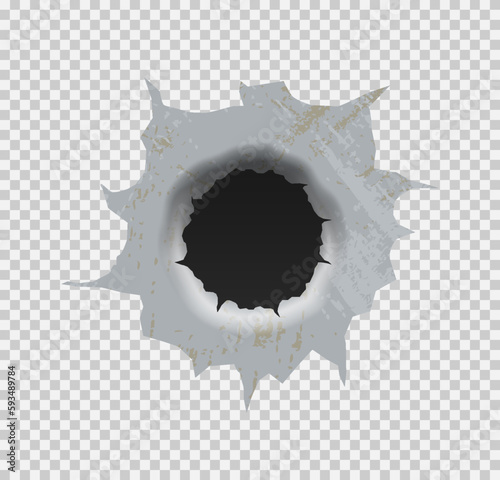 Set of bullet holes. Realisic metal single and double bullet hole, damage effect. Ragged hole in metal from bullets.