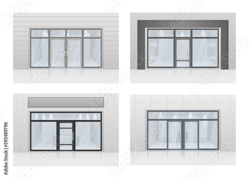 Store facade with storefront and exhibition lights. Glass gate, entrance in store, mall or office. Realistic vector illustration