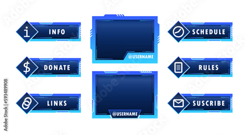 Twitch stream panels collection. Streamer gamer interface template , video stream tags and broadcast digital menu for FAQ, chat or music player. Purple gaming panel set design.