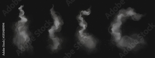 Realistic set of smoke trail in air isolated on transparent background. Vector illustration of ash clouds with small particles flying around. Fast speed movement tail left by aircraft or rocket in sky