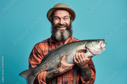 Recreational Fishing. Happy fisherman holding a giant fish with both hands on blue pastel background with space for text. Copy space. Fishing concept AI Generative