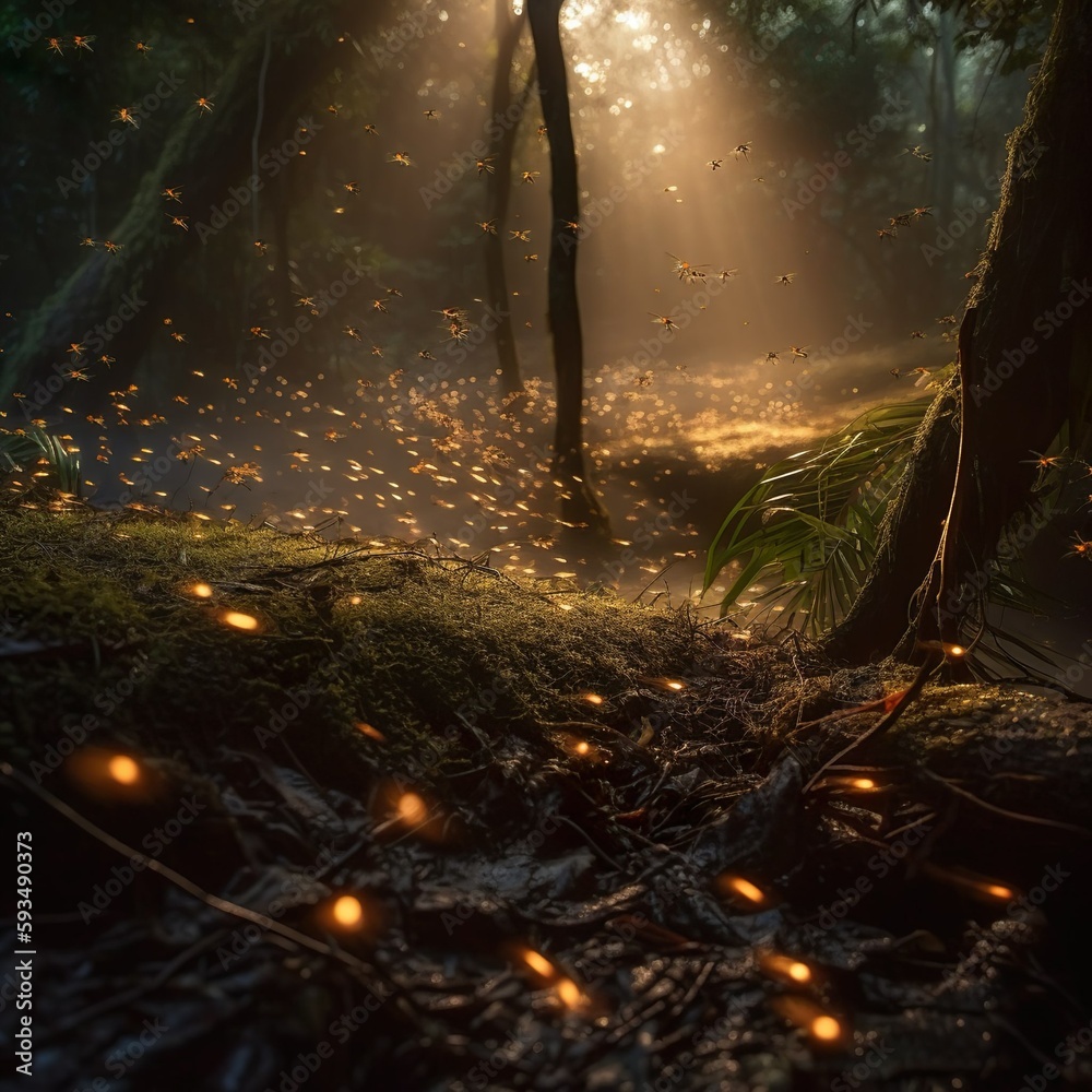 fireflies in sunset forest, looking like the forest is burning
