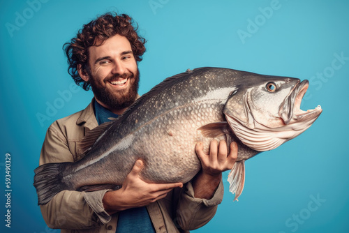 Recreational Fishing. Happy fisherman holding a giant fish with both hands on blue pastel background with space for text. Copy space. Fishing concept AI Generative