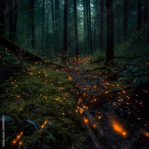fireflies in sunset forest, looking like the forest is burning