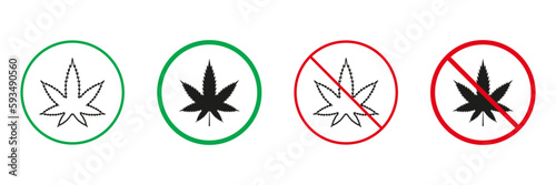 Marijuana Red and Green Warning Signs. Cannabis CBD Sativa Line and Silhouette Icons Set. Allowed and Prohibited Use Weed Hemp THC Pictogram. Isolated Vector Illustration