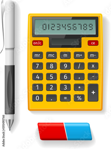 Realistic school supply. Office stationery. Realistic calculator. Pen and eraser. Business or education tools. Work and study accessories. Automatic ballpoint. Vector isolated objects set