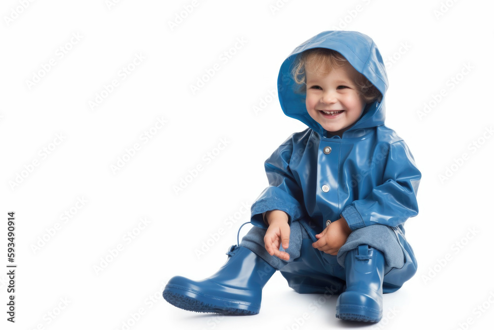 Rainy Day Fashionable Rainwear. Happy child in blue raincoat and boots jumping on white background. Copy space. Weather concept AI Generative Rainy Day Fashionable Rainwear. Happy child in blue raincoat and boots jumping on white background. Copy space. Weather concept AI Generative
