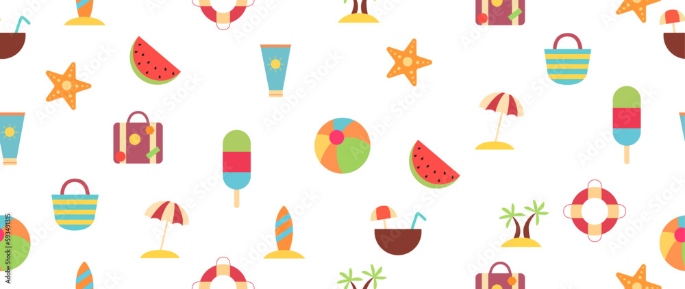 Vector flat summer background. Seamless pattern with palm tree, ice cream, ball, starfish, surf and other summer things. Suitable for textile decoration, advertising and gift wrapping.
