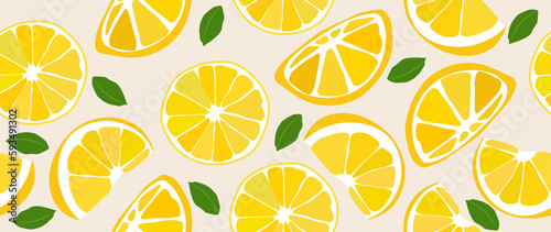 Vector flat illustration. Lemon halves with leaves on a light background. Seamless background for your design. Ideal for advertising, packaging, textiles or posters.
