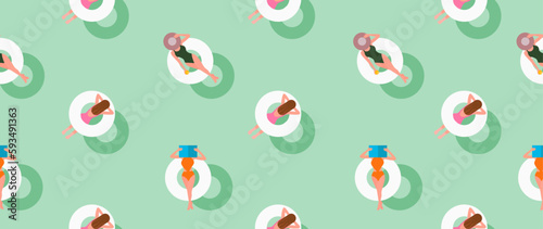 Vector flat illustration. The concept of summer vacation. Turquoise pool with girls sunbathing. Perfect as a background layout banner design. Horizontal seamless poster, flyer, screensaver, wallpaper.